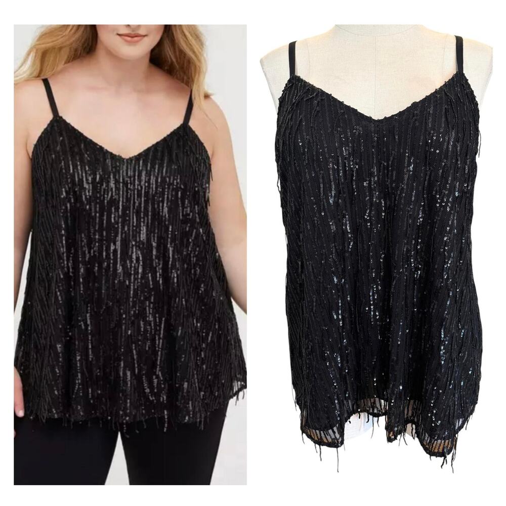 Torrid 4β (4X) Sexy Sophie Black Sequin Fringe Swing Party V-Neck Cami Tank Top